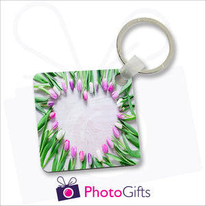 Square shaped aluminium keyring that is personalised with your own choice of image. Separate images can be printed on either side.