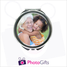 Load image into Gallery viewer, Personalised round compact mirror with your own choice of image on the front as produced by Photogifts.co.uk
