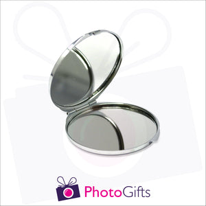 Opened personalised round compact mirror with your own choice of image on the front as produced by Photogifts.co.uk