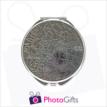 Load image into Gallery viewer, Back detail of personalised round compact mirror with your own choice of image on the front as produced by Photogifts.co.uk
