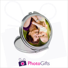 Load image into Gallery viewer, Personalised round compact mirror with your own choice of image on the front as produced by Photogifts.co.uk
