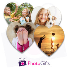 Load image into Gallery viewer, Four individually personalised heart shaped cork backed coasters with your own choice of image as produced by Photogifts.co.uk
