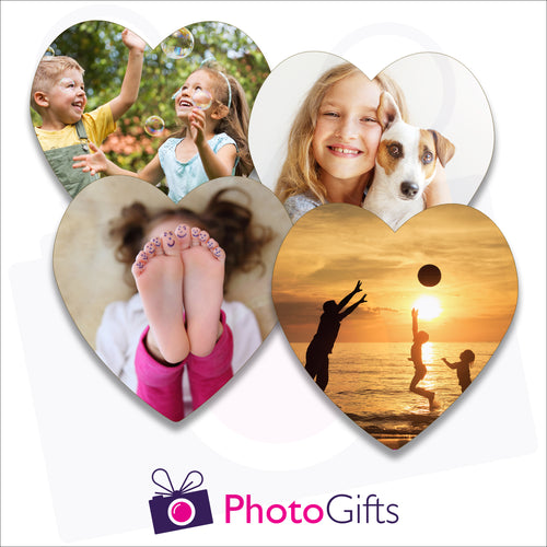 Four individually personalised heart shaped cork backed coasters with your own choice of image as produced by Photogifts.co.uk