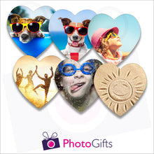 Load image into Gallery viewer, Six individually personalised heart shaped cork backed coasters with your own choice of image as produced by Photogifts.co.uk

