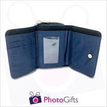 Load image into Gallery viewer, Personalised denim wallet inside detail with credit card slots, driver licence window pocket and main pocket for notes as produced by Photogifts.co.uk
