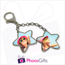 Load image into Gallery viewer, Four metal stars hanging off a key chain with your own choice of images on each star. Each star is double sided.
