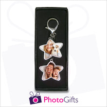 Load image into Gallery viewer, Personalised double star keyring presented in box as supplied by Photogifts.co.uk
