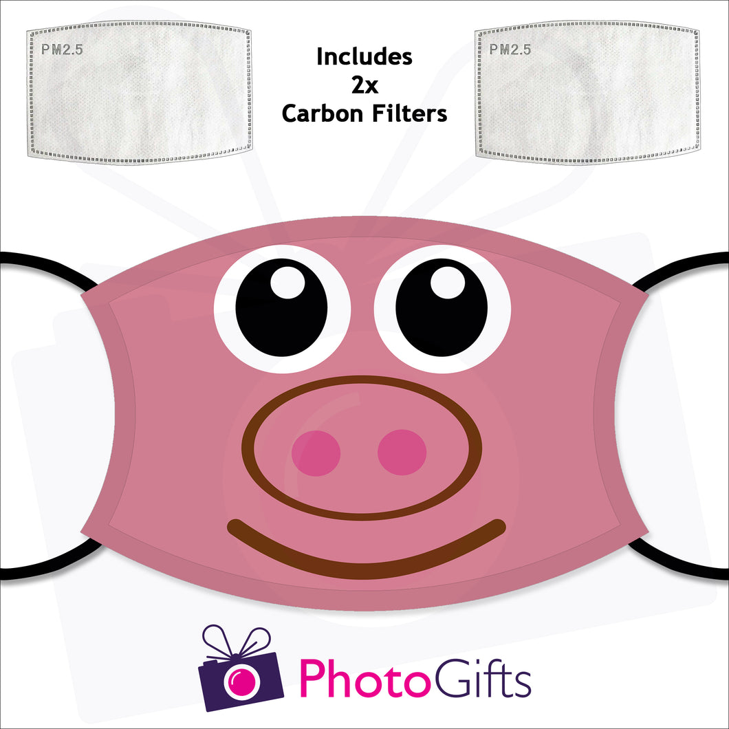 Personalised face cover with the picture of a pink pig face on the cover and two carbon filters as produced by Photogifts.co.uk