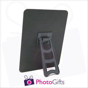 Rear view of faux leather customised photo panel 252mm x 202mm (10" x 8") in portrait orientation. Picture details show plastic easel stand on back of the panel