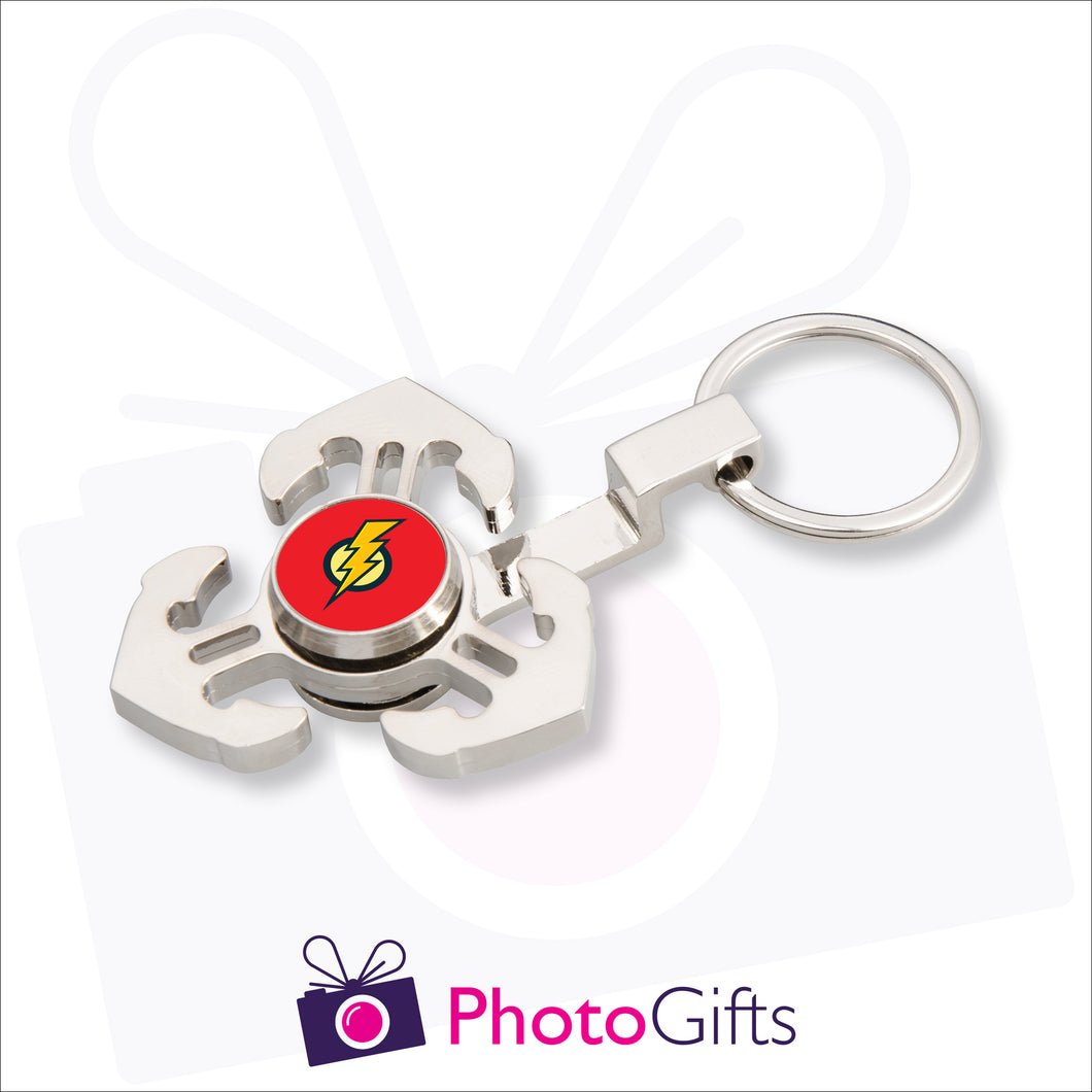Fidget spinner with three anchors attached to a keyring. Centre piece of spinner has your own choice of image.