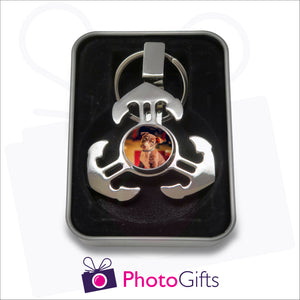 Anchor style fidget spinner on keyring in gift tin as supplied by Photogifts.co.uk. Your choice of image is printed on the middle part of the spinner.