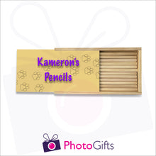 Load image into Gallery viewer, Large wooden personalised pencil case partially closed with your choice of image on the top as produced by Photogifts.co.uk
