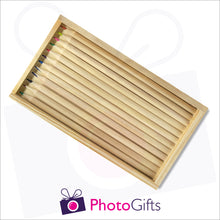 Load image into Gallery viewer, Large wooden personalised pencil case with top removed with your choice of image on the top as produced by Photogifts.co.uk
