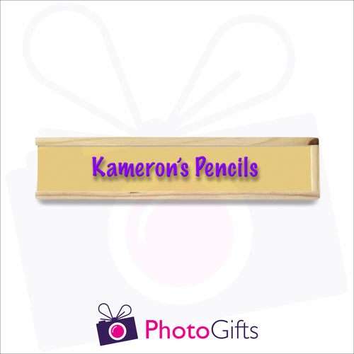 Small wooden personalised pencil case closed with your choice of image on the top as produced by Photogifts.co.uk