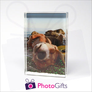 152mm x 102mm (6" x 4") clear acrylic freestanding block, in portrait orientation,  that can be personalised with your own choice of image. The block is filled with tiny snow flakes suspended within a clear liquid. The chosen image is clipped to the back of the block and shows through so you can see it behind the liquid. When the block is shaken the snow flakes will slowly make its way down to the bottom of the block similar to a snow globe