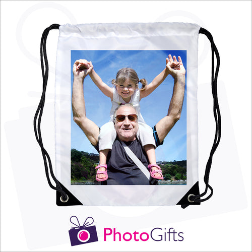White gym sac bag with black corners and drawstring with your own choice of image printed on the sac as produced by Photogifts.co.uk