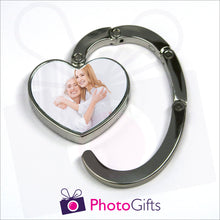 Load image into Gallery viewer, Heart shaped bag hanger partially open with your own choice of image in the centre as produced by Photogifts.co.uk
