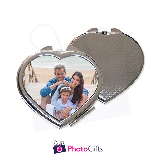 Front and back view of personalised heart shaped compact mirror with your own choice of image on the front as produced by Photogifts.co.uk