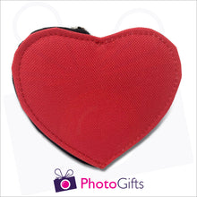 Load image into Gallery viewer, Red back to heart shaped personalised coin purse as produced by Photogifts.co.uk
