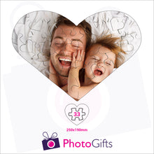 Load image into Gallery viewer, Personalised heart shaped jigsaw with your own choice of image. Breaks down into 33 pieces . As produced by Photogifts.co.uk
