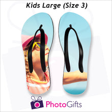 Load image into Gallery viewer, Large kids sized personalised flip-flops with your own choice of image as produced by Photogifts.co.uk
