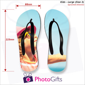 Dimensions of Large kids sized personalised flip-flops with your own choice of image as produced by Photogifts.co.uk