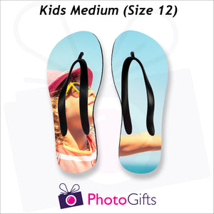 Medium kids sized personalised flip-flops with your own choice of image as produced by Photogifts.co.uk
