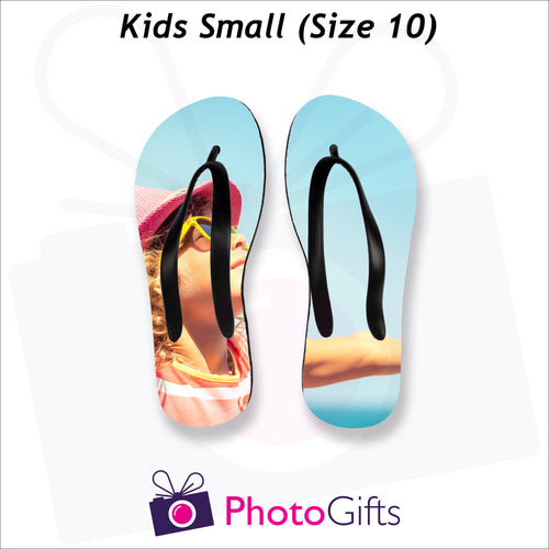 Small kids sized personalised flip-flops with your own choice of image as produced by Photogifts.co.uk