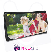 Load image into Gallery viewer, Black personalised faux leather maxi wallet with your own choice of image on the front as produced by Photogifts.co.uk
