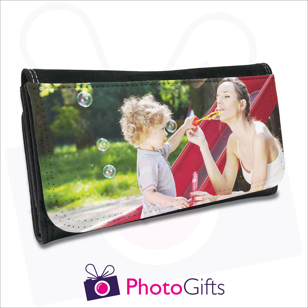 Black personalised faux leather maxi wallet with your own choice of image on the front as produced by Photogifts.co.uk
