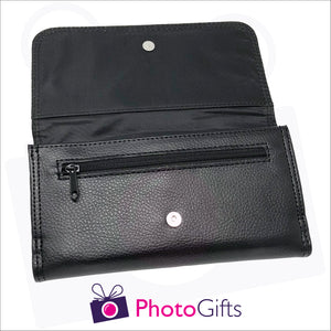 Inside detail of black faux leather personalised maxi wallet showing small zipped pocket together with the pocket for the notes as produced by Photogifts.co.uk