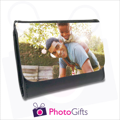 Personalised black faux leather ladies wallet with your own choice of image on the front flap as produced by Photogifts.co.uk