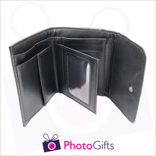 Load image into Gallery viewer, Black faux leather ladies wallet inside detail showing coin section and credit card slots together with a windowed pocket as produced by Photogifts.co.uk
