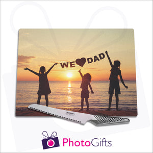 Personalised large glass chopping board with your own choice of image as produced by Photogifts.co.uk