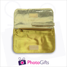 Load image into Gallery viewer, Inside detail of gold personalised makeup bag showing zipped pocket and carry handle as produced by Photogifts.co.uk
