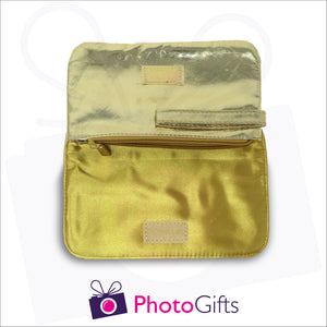 Inside detail of gold personalised makeup bag showing zipped pocket and carry handle as produced by Photogifts.co.uk