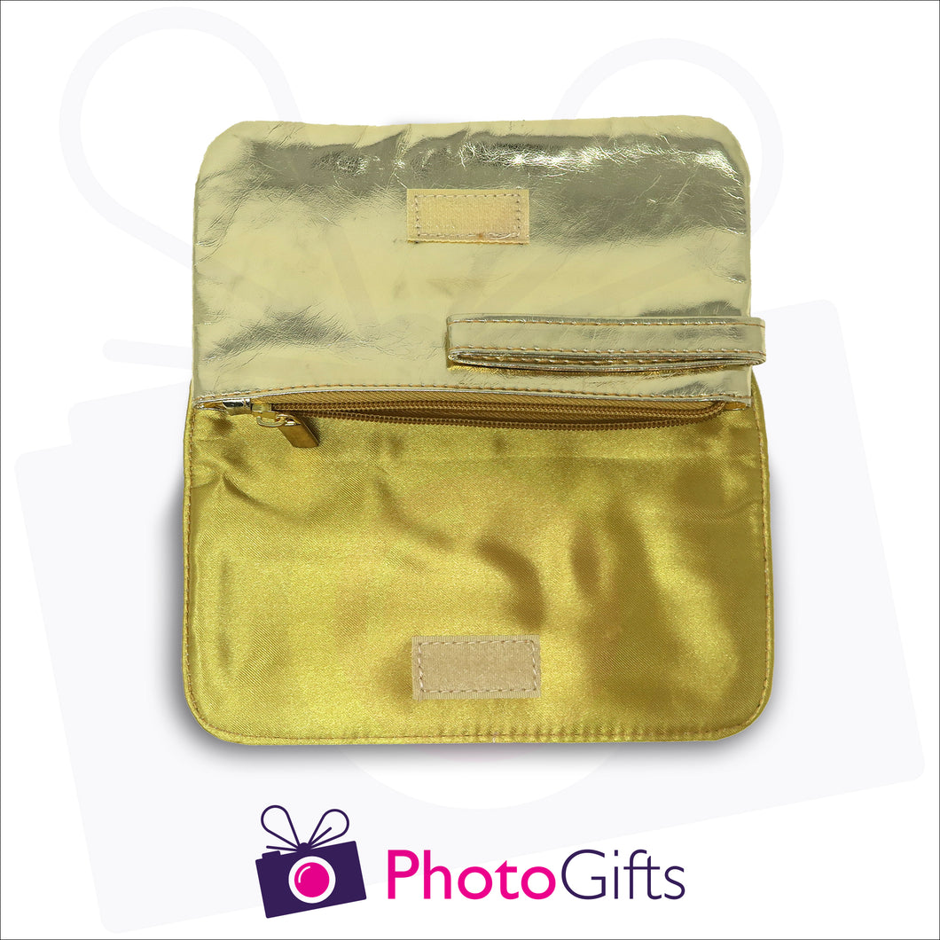 Inside detail of gold personalised makeup bag showing zipped pocket and carry handle as produced by Photogifts.co.uk