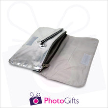 Load image into Gallery viewer, Inside zipped pocket and small carry handle of silver makeup bag that can be personalised from Photogifts.co.uk

