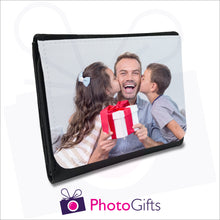 Load image into Gallery viewer, Personalised black faux leather mens wallet with your own choice of image on the front flap as produced by Photogifts.co.uk
