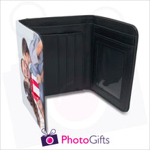 Load image into Gallery viewer, Inside detail of personalised mens faux leather wallet with your own choice of image on the front flap. Wallet shows details of credit card slots, windowed pocket for ID and main notes section as produced by Photogifts.co.uk
