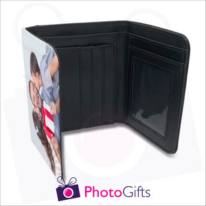 Inside detail of personalised mens faux leather wallet with your own choice of image on the front flap. Wallet shows details of credit card slots, windowed pocket for ID and main notes section as produced by Photogifts.co.uk