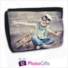 Load image into Gallery viewer, Large black messenger back with personalised own choice of image on the front flap by Photogifts.co.uk

