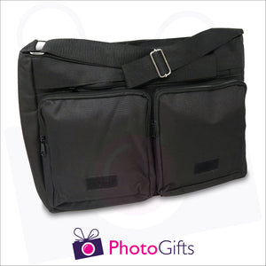 Two zipped compartments and a larger section together with detail of large shoulder strap from black personalised messenger back from Photogifts.co.uk
