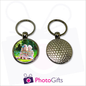 Personalised metal keyring with one side resembling a golf ball and the other with your own choice of image as supplied by Photogifts.co.uk