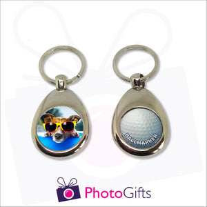 Heavyweight keyring with your own choice of image on one side and a removable magnetic  golf ball marker on the other as presented by Photogifts.co.uk