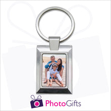 Load image into Gallery viewer, Metal pendant keyring in a rectangular shape with the centre section being customised with your own choice of image as produced by Photogifts.co.uk
