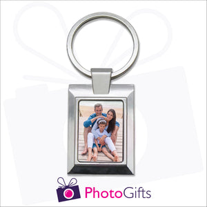 Metal pendant keyring in a rectangular shape with the centre section being customised with your own choice of image as produced by Photogifts.co.uk