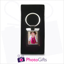Load image into Gallery viewer, Metal rectangular boxed pendant keyring with your own choice of image in the centre as produced by Photogifts.co.uk
