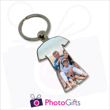 Load image into Gallery viewer, Metal sports strip shaped keyring with your own choice of image in the shape of the keyring as produced by Photogifts.co.uk
