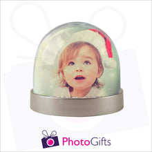 Load image into Gallery viewer, Personalised metallic base snow globe as produced by Photogifts.co.uk
